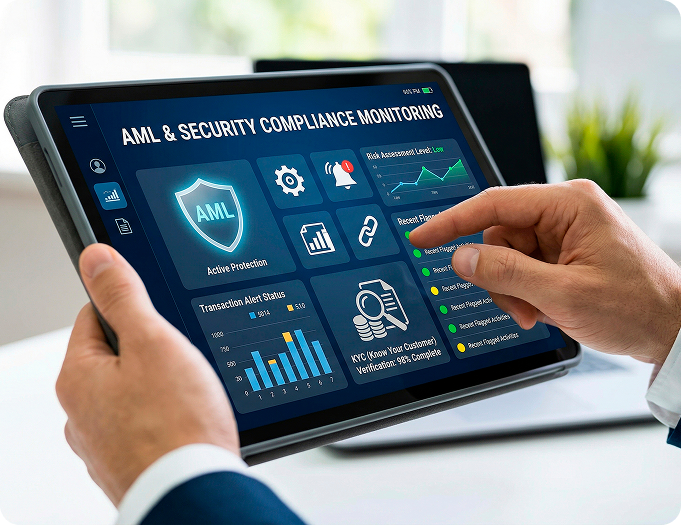 AML compliance dashboard monitoring financial transactions